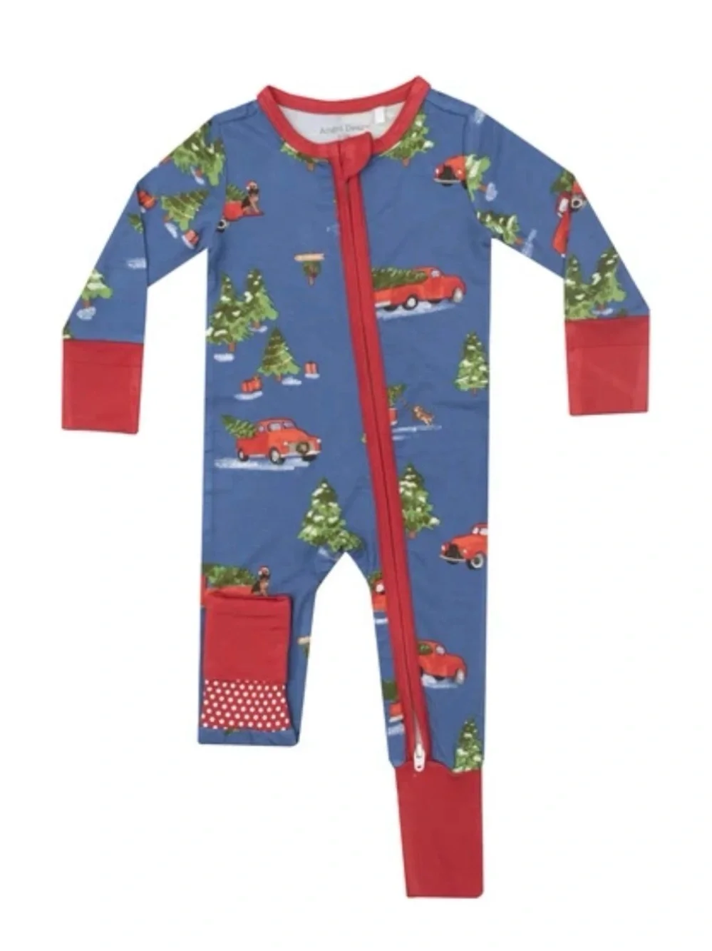 Angel Dear Bamboo Kids Blue Holiday Tree & Red Car Zip-Front One-Piece